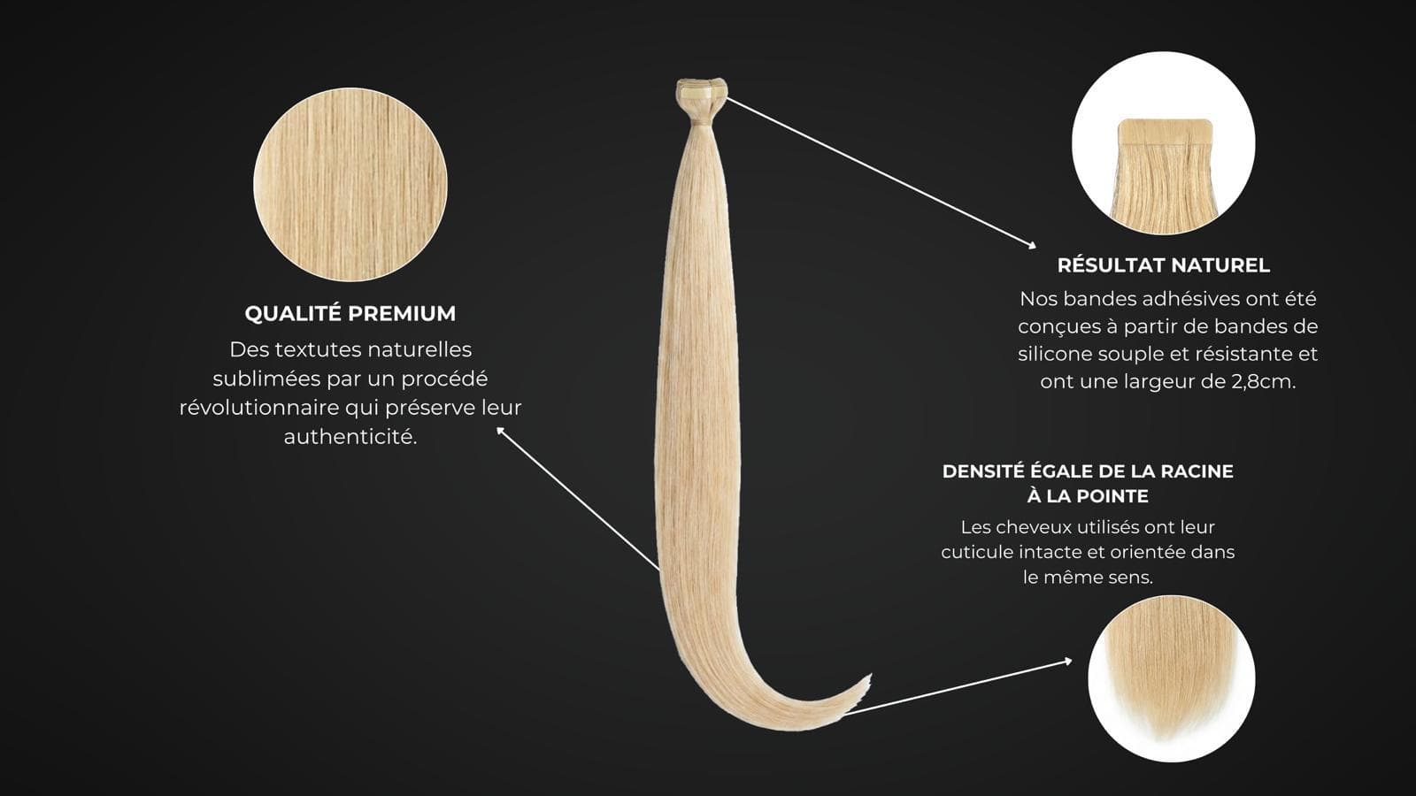 HL Tapes — qualité premium, bandes adhésives en silicone souple de 2,8 cm, densité égale de la racine à la pointe
