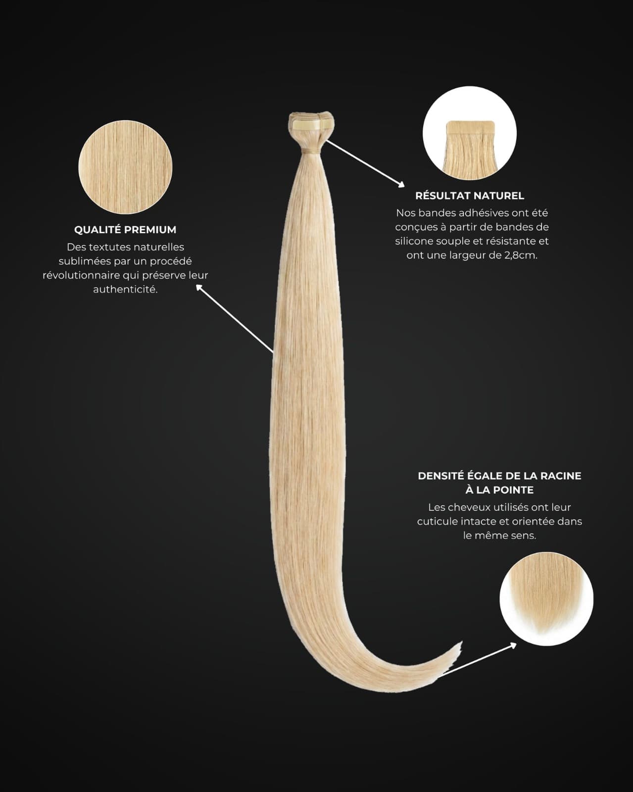 Tapes Hair Luxury — qualité premium, bandes adhésives silicone 2,8cm, densité égale de la racine à la pointe
